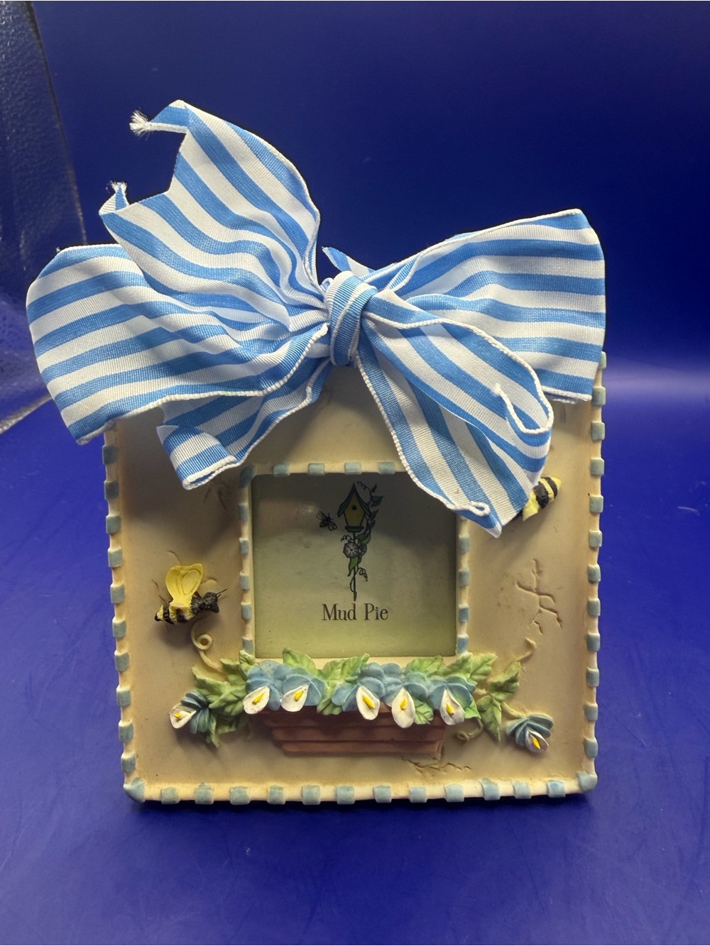 Mud Pie Floral Frame with Blue Striped Bow